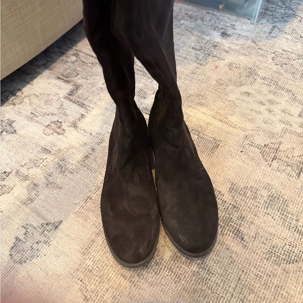 AUDREY BROOKE TAMELA OTK BOOTS 7.5 DARK BROWN SUEDE AND STRETCH 50/50 ($179)